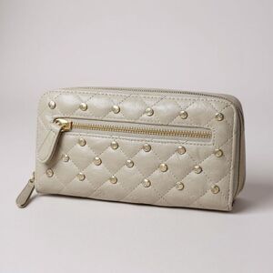 NWOT Solid Light Gray Multi Pocket Studded Wallet with zippers and white studs